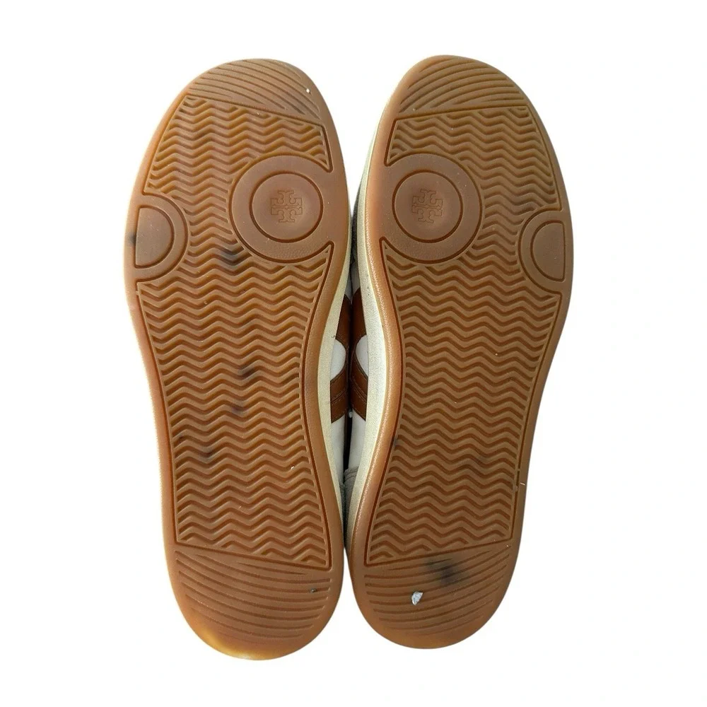 Tory‎ Burch Hank Court Sneakers Women Size 8.5 Brown Cream Lace Up Logo #S103-1